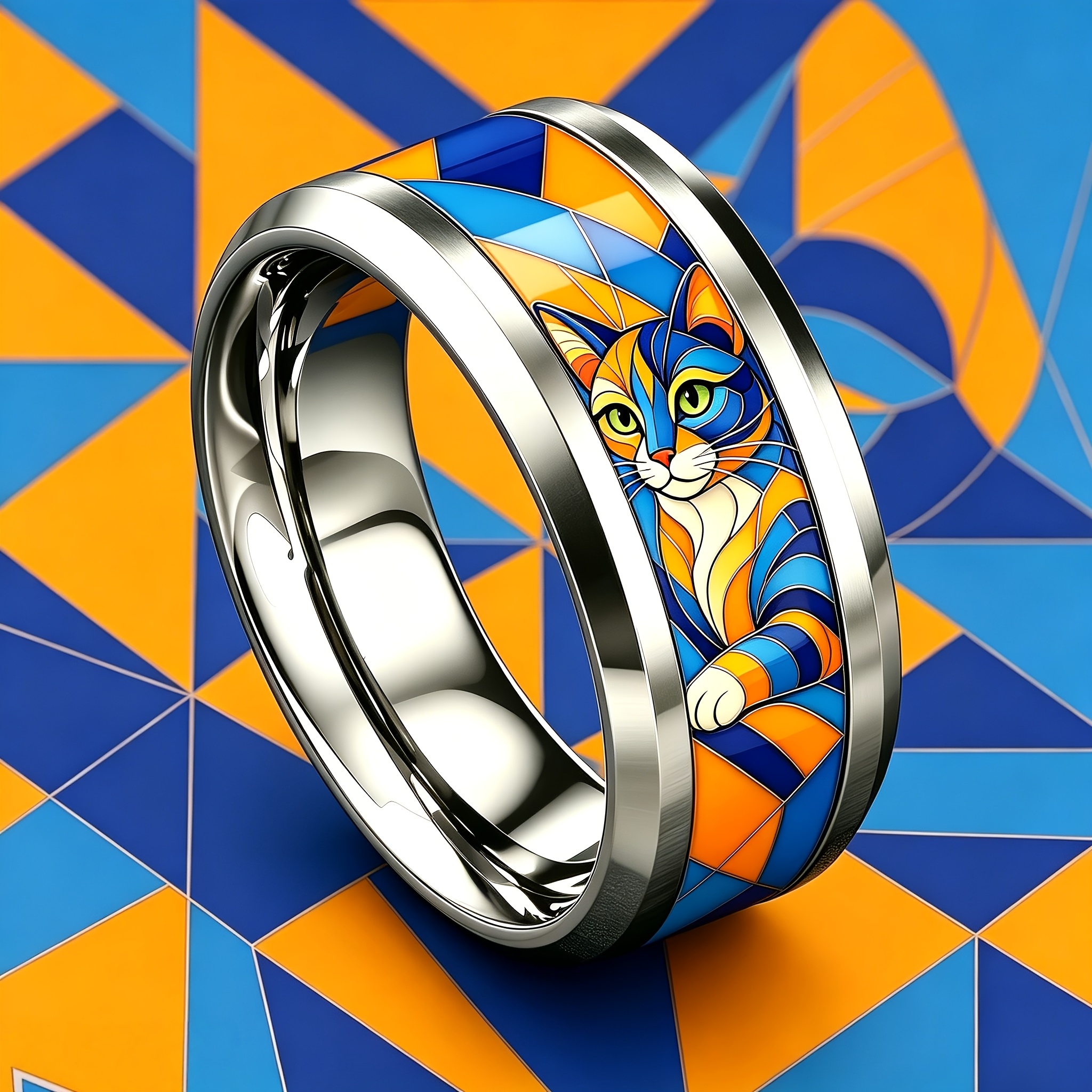 Women's Geometric Mosaic Cat Ring in 304 Stainless Steel, Stylish Design